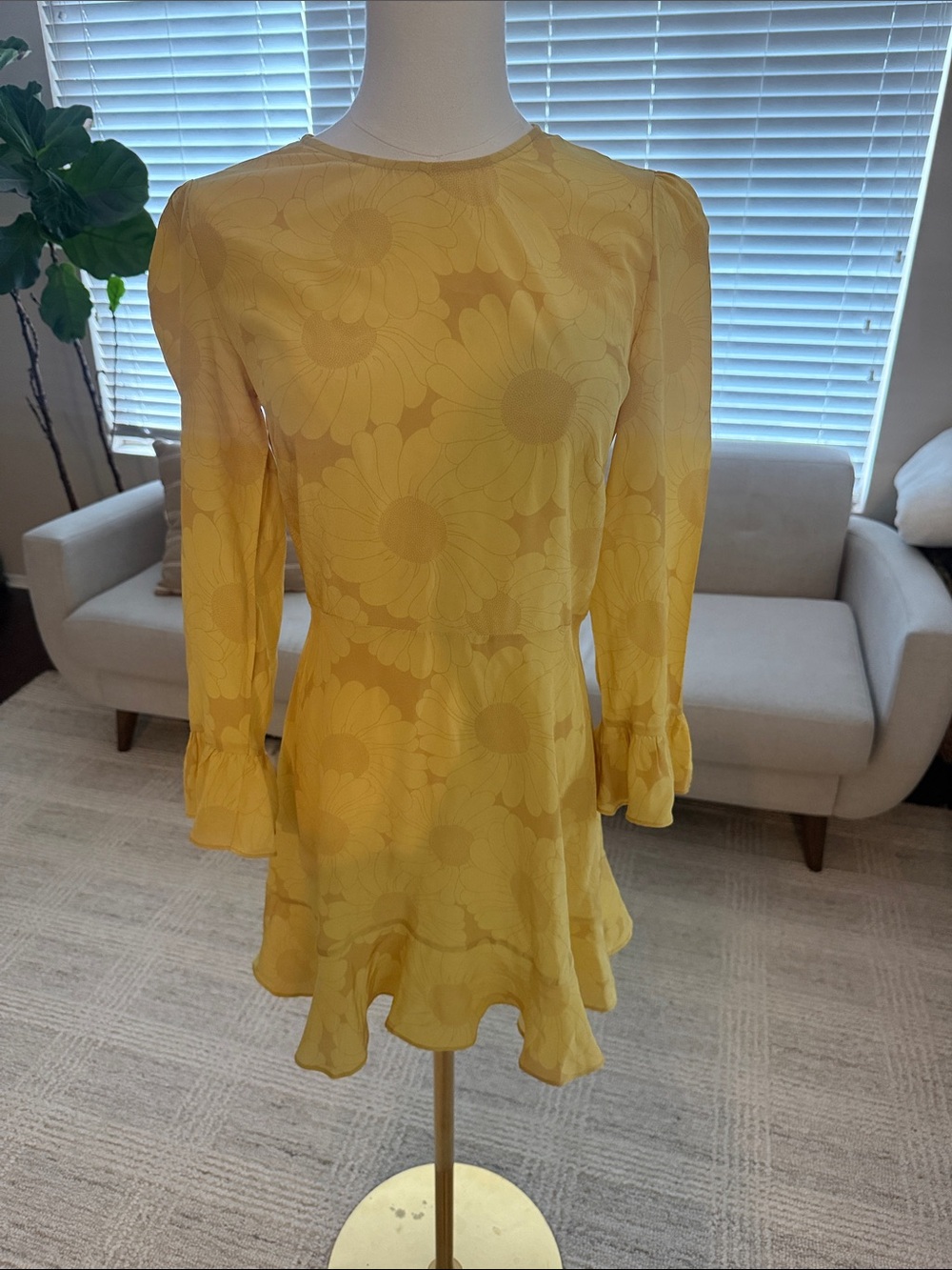 Realisation Par Silk Yellow Floral Long-Sleeve Mini Dress